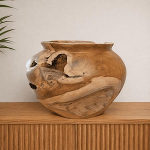 Può includere: Una grande ciotola arrotondata in legno ricavata da radice di teak naturale. La ciotola presenta una parte superiore ampia e aperta e una superficie esterna liscia e lucida che mette in risalto le venature organiche, i nodi e un incavo profondo.