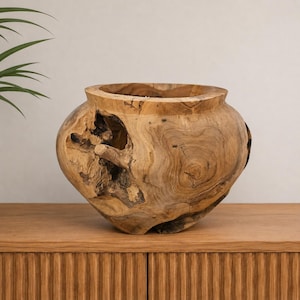 Peut inclure: Un bol arrondi sculpté dans du bois naturel brun clair, doté d'une large ouverture circulaire sur le dessus et d'une section creuse irrégulière et proéminente sur le côté, révélant des grains de bois sombres et des nœuds organiques.