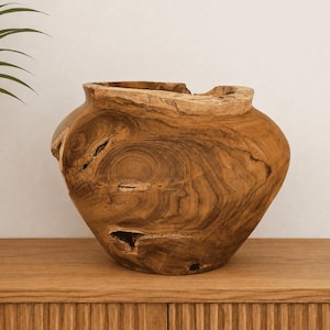 Op de afbeelding: Een grote, ronde houten kom gesneden uit één stuk teakhout, met een natuurlijke lichtbruine kleur, zichtbare houtnerfpatronen, organische knoesten en een dikke, onregelmatige rand met een ruwe, getextureerde afwerking.