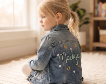 Jaqueta jeans bordada personalizada feita à mão | Casaco infantil com nome personalizado