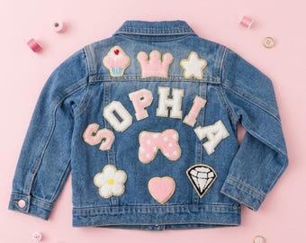 Giacca di jeans personalizzata per bambini con toppe in ciniglia con nome / Giacca di jeans per neonati, regalo di compleanno