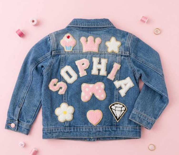 Personalized Kids Denim Jacket with Chenille Name Patches Toddler Jean Jacket, Birthday Gift