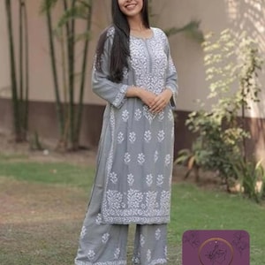 Conjunto de 2 piezas de parte inferior Kurti larga bordada de algodón rayón con Lucknow Chikankari mujeres Salwaar Kameez plazzo Set túnica Kurta ropa étnica india