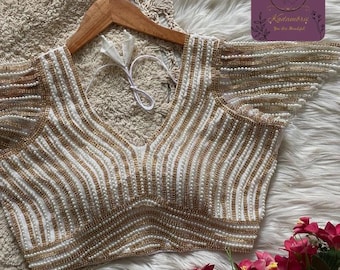 Handmade Pearl Beaded Bridal Blouse: White & Gold, Deep V-Neck