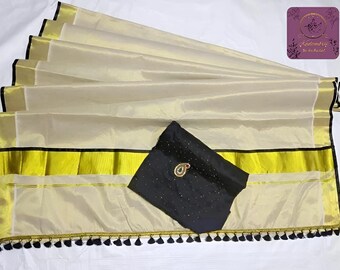 Onam Kasavu Saree: Kerala Tissue Cotton Silk with Beaded Blouse