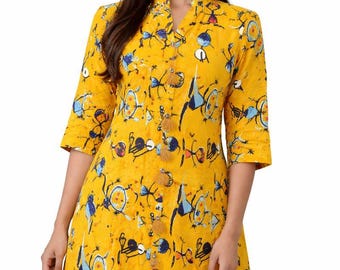 Yellow Printed Pure Cotton Women Indian Ethnic Tunic Kurta Kurti Wedding festival Women dress