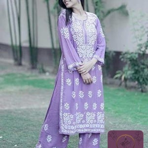 Conjunto de 2 piezas de parte inferior Kurti larga bordada de algodón rayón con Lucknow Chikankari mujeres Salwaar Kameez plazzo Set túnica Kurta ropa étnica india