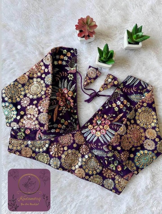 Purple Georgette Saree Blouse: Handmade Floral Embroidered Choli, Indian Wedding