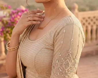 Beige Golden Stone Arbeitsbluse: Vorgefertigtes, dehnbares Crop Top Choli