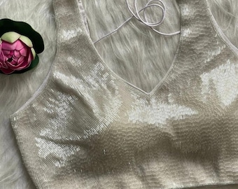 Handmade White Beaded Sari Blouse choli Heavy Bridal Crop Top