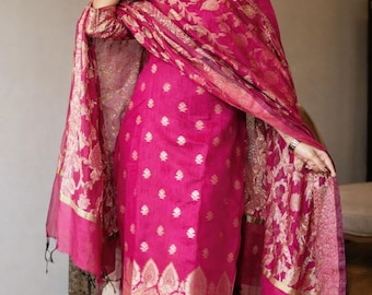 3 pcs magenta Banarasi Silk Kurti Pant Dupatta Set, Indian Salwaar Kameez