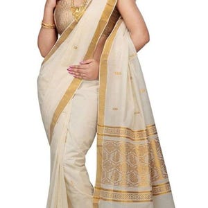 Weiß Indische Onam Festival Traditionelle Kerala Kasavu Reine Baumwolle Saree Sari Läuft Bluse PC Goldene Jacquard Bordüre mit Herbst Piku Service