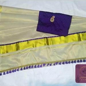 Onam Festival Traditionelle Kerala Kasavu Reine Gewebe Baumwolle Seide Saree mit Unstitched Blau Perlen Sari Bluse Goldene Borte mit Herbst piku