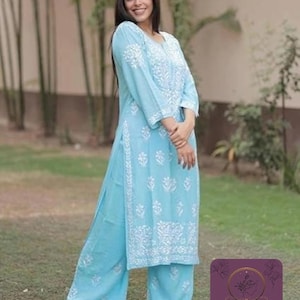 Conjunto de 2 piezas de parte inferior Kurti larga bordada de algodón rayón con Lucknow Chikankari mujeres Salwaar Kameez plazzo Set túnica Kurta ropa étnica india