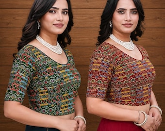 Combo Of 2 Stretchable Saree Blouse Cotton : Readymade Indian Crop Top Sari