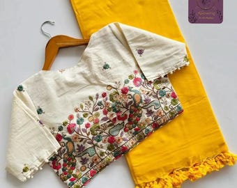 Handloom Khadi Cotton Saree Sari Embroidered Cotton readymade Blouse Wedding Wear with fall piku