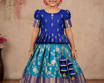 Kids New south Indian traditional pattu pavadai art Silk Lehenga choli for girls