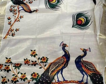 Kerala Kasavu Cotton Silk Saree, Peacock Mural Print, Golden Border