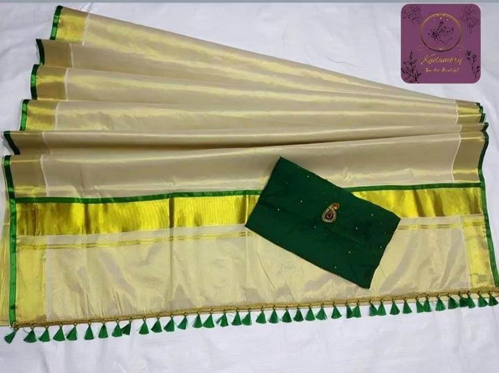 Onam Kasavu Saree: Kerala Tissue Cotton Silk with Green Beaded Blouse