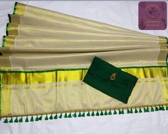 Onam Kasavu Saree: Kerala Tissue Cotton Silk with Green Beaded Blouse