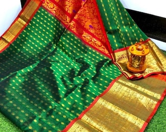 Green & Red Kanchi Kuppadam Silk Saree, Handloom Zari Border