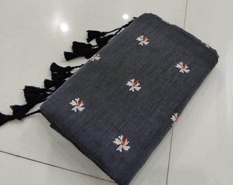 Handloom Pure Cotton Saree Traditional Embroidery Flower Bengali Sari with Running Blouse