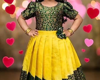 Kids New south Indian traditional pattu pavadai Cotton Silk Lehenga choli for girls