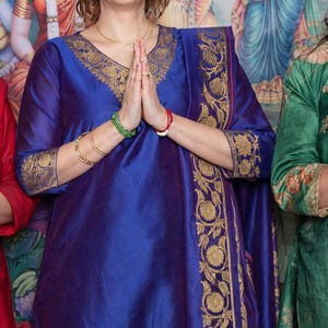 Blue Banarasi Silk Kurti Pant Dupatta Set - Indian Salwaar Kameez