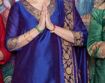 Blue Banarasi Silk Kurti Pant Dupatta Set - Indian Salwaar Kameez