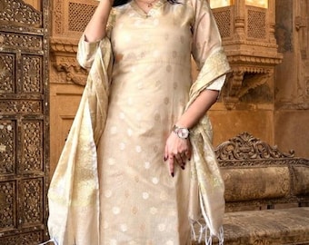 Off White Banarasi Silk Kurti Pant Dupatta Set, Zari Woven