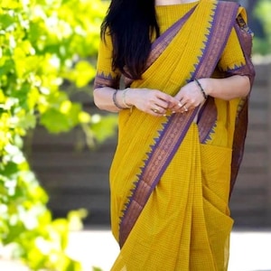 Gelbe Kanchi Baumwolle Zari Borte Indisches Onam Festival Traditionelles Korvai aus reiner Baumwolle Saree Sari Läuft Bluse mit Herbst Piku Service