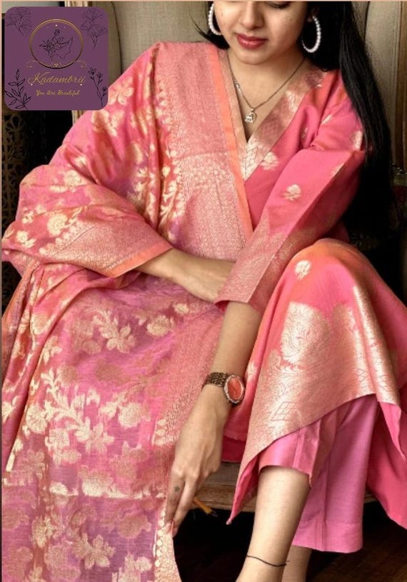 3 pcs Pink Banarasi Silk Kurti Pant Dupatta Set, Indian Salwaar Kameez
