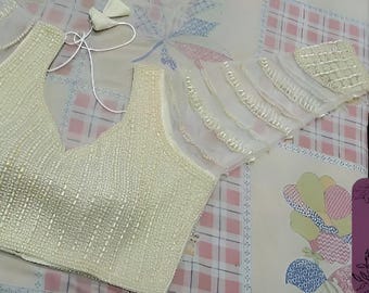 Handmade Pearl Beaded Sari Blouse - Ivory White Bridal Crop Top