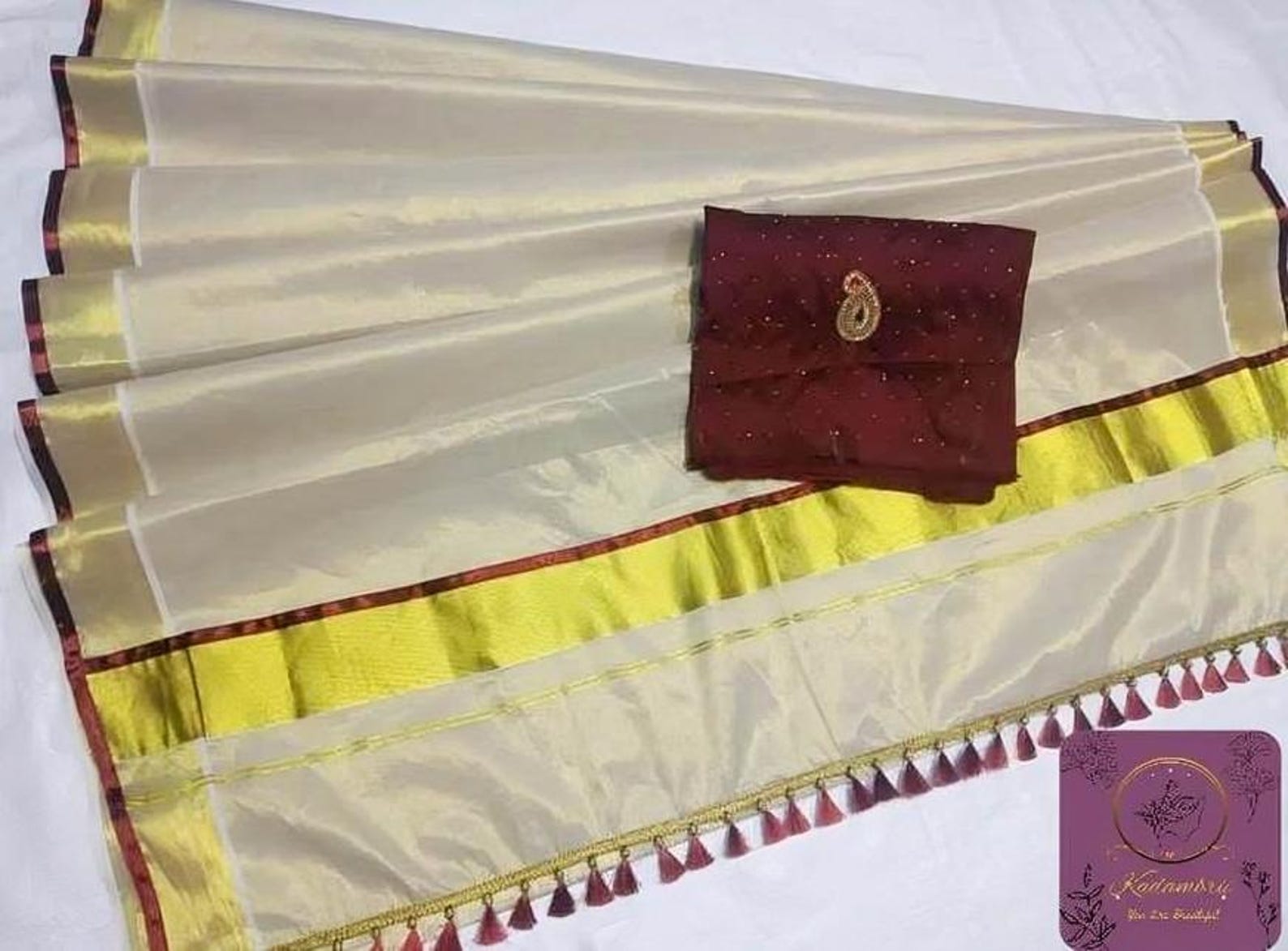 Kerala Kasavu Tissue Cotton Silk Saree, Maroon Beaded Blouse