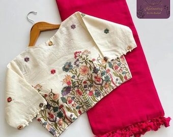 Sari de algodón Khadi tejido a mano, blusa de algodón bordada lista para usar, ideal para bodas con caída piku