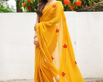 Handloom Pure Cotton Saree Traditional Embroidery Flower Bengali Sari with Running Blouse
