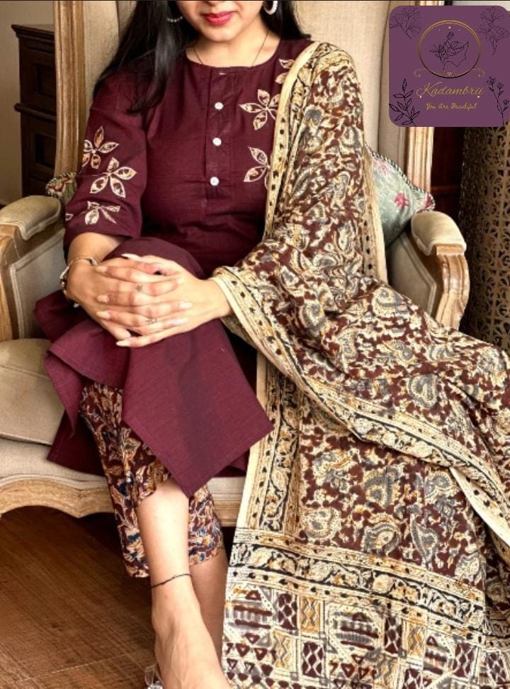 Handloom Cotton Kurti Pant Dupatta Set, Kalamkari Print Salwaar Kameez