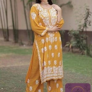Conjunto de 2 piezas de parte inferior Kurti larga bordada de algodón rayón con Lucknow Chikankari mujeres Salwaar Kameez plazzo Set túnica Kurta ropa étnica india