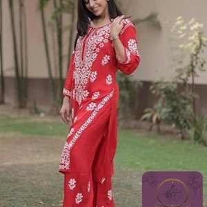 Conjunto de 2 piezas de parte inferior Kurti larga bordada de algodón rayón con Lucknow Chikankari mujeres Salwaar Kameez plazzo Set túnica Kurta ropa étnica india