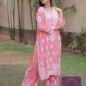 Conjunto de 2 piezas de parte inferior Kurti larga bordada de algodón rayón con Lucknow Chikankari mujeres Salwaar Kameez plazzo Set túnica Kurta ropa étnica india