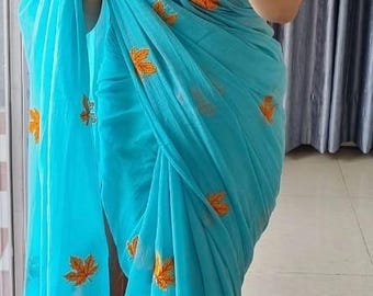 Handloom Pure Cotton Saree Traditional Embroidery Flower Bengali Sari with Running Blouse