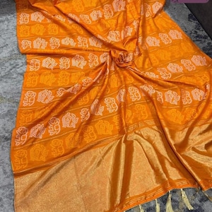 Orange Indian festival Pure Cotton Bandhej Saree Sari Running Blouse Pcs with fall piku Service Pagoda patta Zari weaving pallu Party Wear