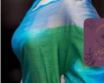 Ręcznie tkane jedwabne sari tripura z zielonymi i niebieskimi złotymi obramowaniami, indyjskie sari ślubne