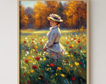 Romantic Woman in Flower Field Art Print, Impressionist Oil Painting Style, Spring Meadow Wall Art, Vintage Lady Digital Download