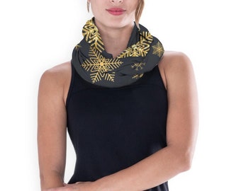 Holiday Scarf, Holiday Sparkle with gold snowflakes on a Black Scarf