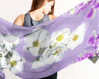 Violet Floral Scarf, White Flower scarf, Lightweight Scarf