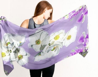 Violet Floral Scarf, White Flower scarf, Lightweight Scarf