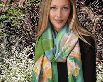 Soft Floral Modal Silk Scarf, Eco-Friendly Material, Mint Green