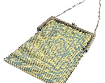 Vintage 1910er Jahre Jugendstil Geldbörse - Glänzendes Creme & Blaues geometrisches Muster, silberfarbener Rahmen, frühe Emaille-Mesh-Handtasche