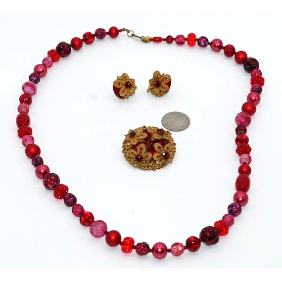 Vintage Miriam Haskell signed set red and fuchsia… - image 10